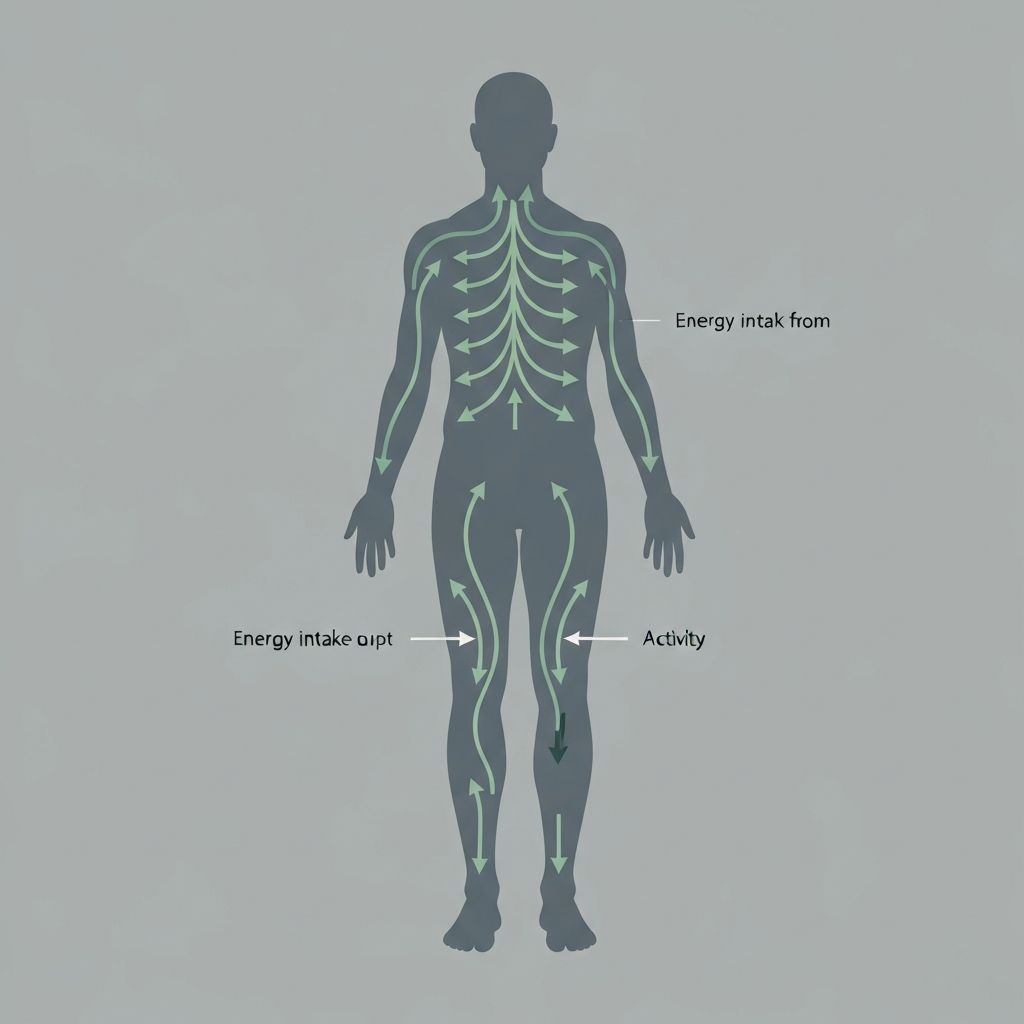 Energy flow in human body showing intake and expenditure